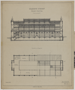 214839 Doorsneden en plattegrond van de geprojecteerde Fruithal op het Vredenburg te Utrecht.